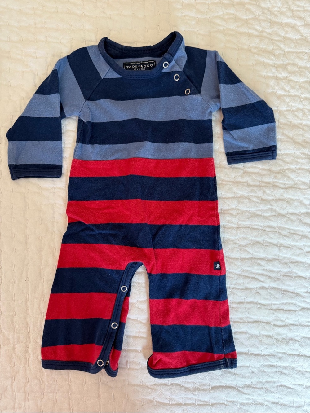 Toobydoo Navy, Light Blue & Red Striped Baby Romper Bodysuit 0-3M